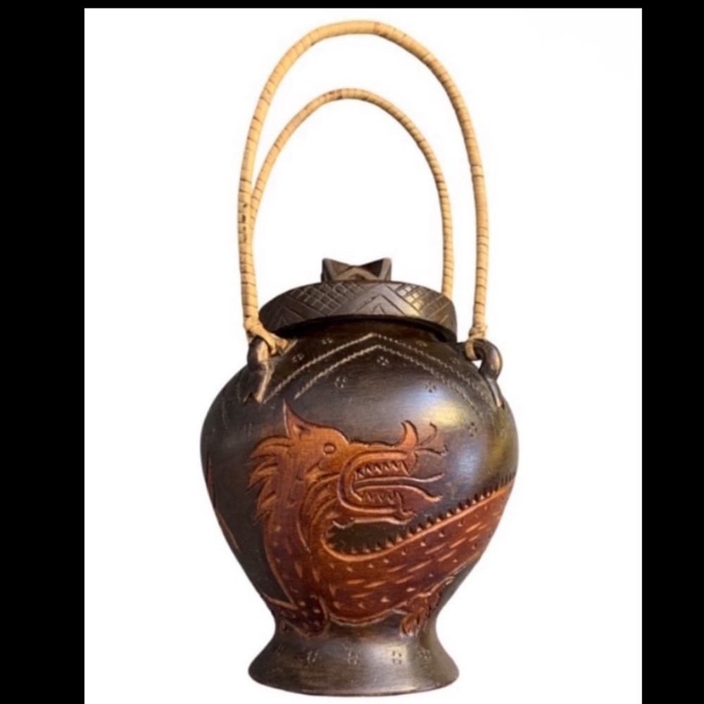 Vintage Asian Wood Vase Hand Carved Dragon Art Decor with Weaved Handles - Picture 2 of 6